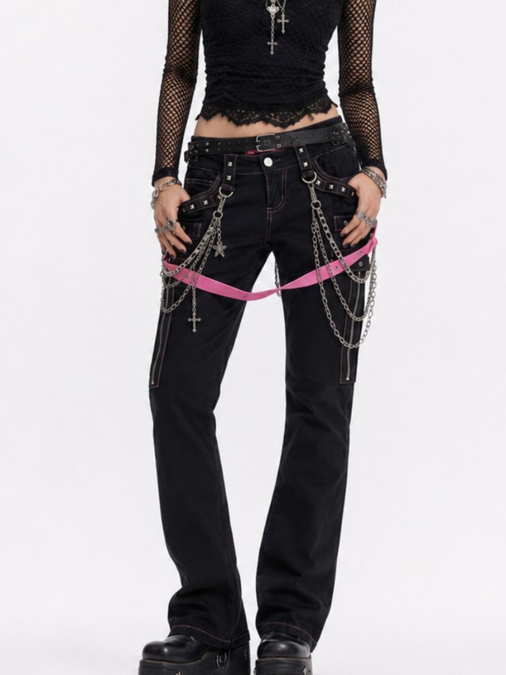 Vintage Y2K Tripp NYC Bondage Pants XS 3 Black Pink Zipper Stud Strapping Grunge